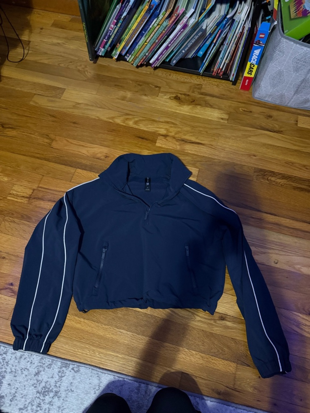 all in motion Navy Cropped Bomber Jacket with White Piping Detail